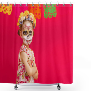 Personality  Adorable Zombie In Flower Wreath Posing On Red Background. Happy Child With Halloween Creative Makeup. Girl Celebrating For Mexican Day Of The Dead. Shower Curtains