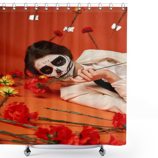 Personality  Woman In Catrina Makeup And Suit Lying Down And Looking At Camera Near Carnations On Red Backdrop Shower Curtains