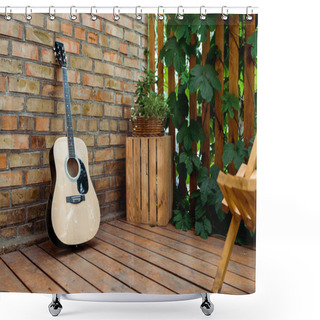 Personality  Selective Focus Of Acoustic Guitar Near Brick Wall And Wooden Fence With Green Leaves  Shower Curtains