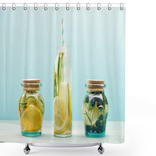 Personality  Detox Drinks In Opened Bottle With Straw And Jars Isolated On Blue Shower Curtains