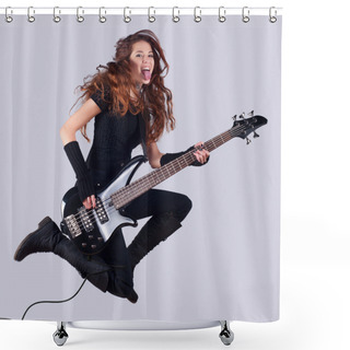 Personality  Beautiful Smiling Girl With Bass Guitar Jumping High In The Air Shower Curtains