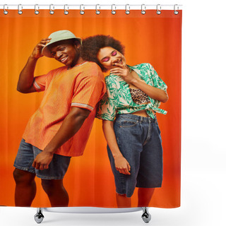 Personality  Young And Cheerful African American Best Friends In Stylish Summer Outfits Posing While Standing Next To Each Other And Spending Time Isolated On Orange, Friends In Trendy Clothes Shower Curtains