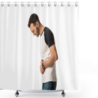 Personality  Diseased Man Touching Stomach While Having Nausea Isolated On White  Shower Curtains