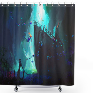 Personality  Mermaid Surrounds The Sunken Ship At The Bottom Of The Sea, Digital Painting. Shower Curtains