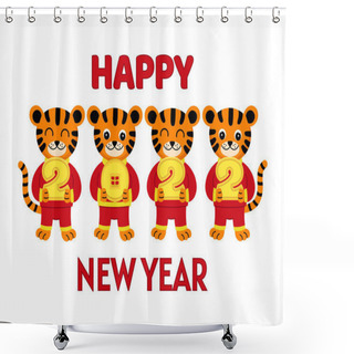 Personality   Happy Chinese New Year 2022 With Cute Cartoon Tiger In Red Costume Holding Numbers In Their Hands. Shower Curtains