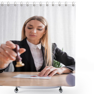 Personality  Blonde Notary Holding Blurred Stamper Near Envelope On Desk Shower Curtains