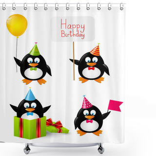 Personality  Set Of Funny Birthday Penguins Shower Curtains