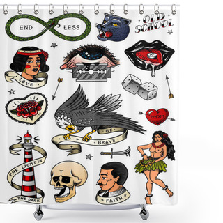 Personality  Set Of Vintage Old School Tattoo. Characters Playing Cards, Hawaiian Hula Dancer Woman, Lips And Lighthouse, Panther, Dice And Snake. Engraved Hand Drawn Sketch. Badges, Print Or Patches For T-shirt.  Shower Curtains