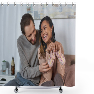 Personality  Happy African American Woman Holding Tiny Baby Shoes Near Husband, Future Parents, Expectation, Cute Shower Curtains