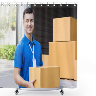 Personality  A Man Carrying  Package From Delivery Car  Shower Curtains