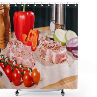 Personality  Raw Steaks With Seasoning And Fresh Ripe Vegetables Shower Curtains