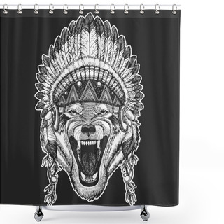 Personality  Wolf Dog Wild Animal Cool Animal Wearing Native American Indian Headdress With Feathers Boho Chic Style Hand Drawn Image For Tattoo, Emblem, Badge, Logo, Patch Shower Curtains