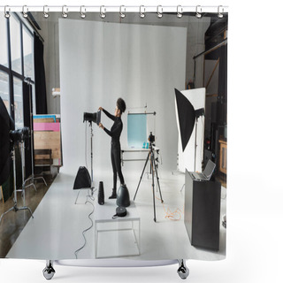 Personality  Full Length Of African American Content Producer In Black Clothes Assembling Lighting Equipment In Spacious Photo Studio Shower Curtains