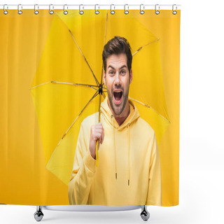 Personality  Handsome Excited Man Holding Umbrella Isolated On Yellow Shower Curtains