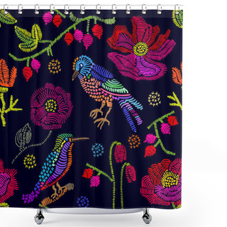 Personality  Embroidered Flowers And Birds On Black Background. Shower Curtains