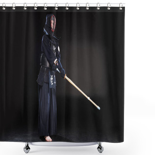 Personality  Full Length View Of Kendo Fighter In Armor Practicing With Bamboo Sword On Black Shower Curtains