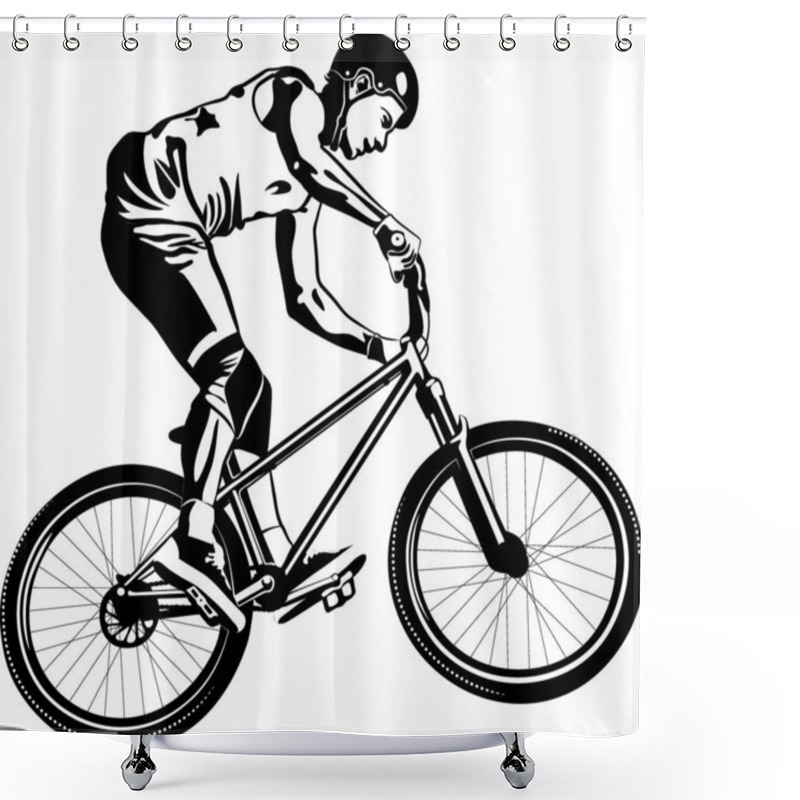 Personality  Man On MTB Bike - Black And White Vector Illustration Shower Curtains