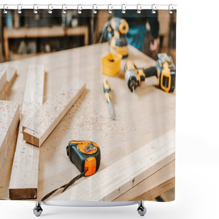 Personality  Selective Focus Of Wooden Planks Near Measuring Tape On Table  Shower Curtains