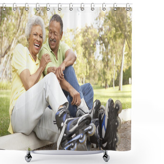 Personality  Senior Couple Putting On In Line Skates In Park Shower Curtains