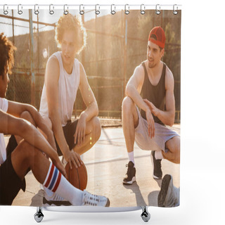 Personality  Group Of Cheerful Multiethnic Friends Basketball Players Sitting At The Sports Ground, Talking Shower Curtains