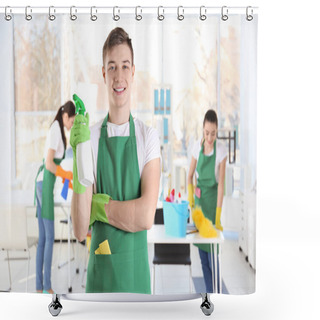 Personality  Young Male Cleaner At Work In Office Shower Curtains