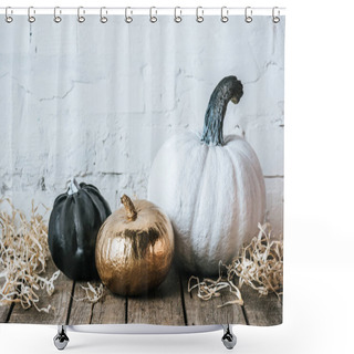 Personality  Still Life Of Various Painted Halloween Pumpkins On Wooden Surface Shower Curtains