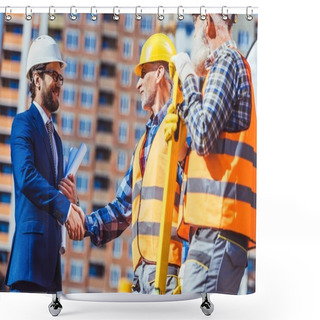 Personality  Construction Worker And Businessman Shaking Hands Shower Curtains