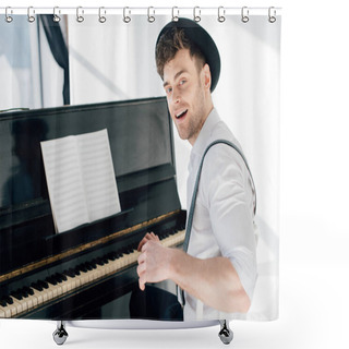 Personality  Smiling Pianist Sitting By Piano And Looking At Camera Shower Curtains