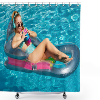 Personality  Sexy Young Woman On The Inflatable Mattress In Swimming Pool. Tropical Beach. Vacation Travel. Shower Curtains
