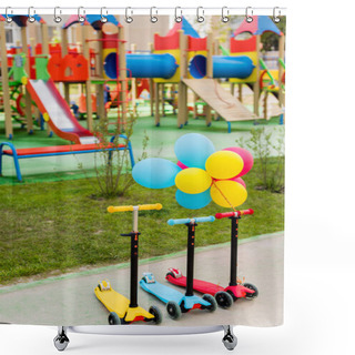 Personality  Three Childish Kick Scooters Placed In Row With Colorful Air Balloons At Playground  Shower Curtains