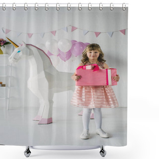 Personality  Cute Birthday Child Holding Gift Box Near Decorative Unicorn  Shower Curtains