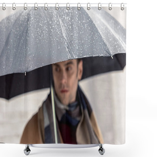 Personality  Handsome Man In Coat And Scarf With Umbrella Standing On Street Shower Curtains