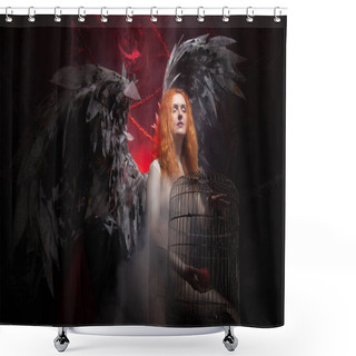 Personality  An Evil Tempting Woman With Large Demon Wings Holds An Apple In A Large Cage And Beckons To Sin. Halloween Photo Plus Size Girl With Red Hair On A Huge Gothic Throne. Shower Curtains