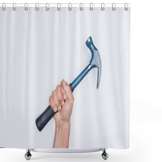 Personality  Cropped Shot Of Man Holding Hammer Isolated On White Shower Curtains