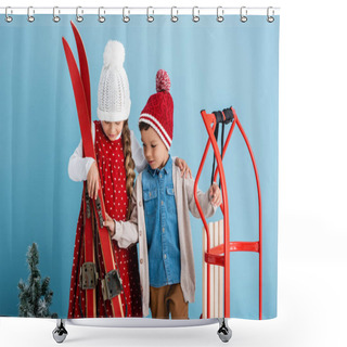 Personality  Girl In Winter Outfit Holding Skis Near Brother With Sleight On Blue  Shower Curtains
