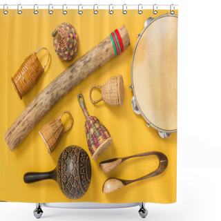 Personality  Ethnic Percussion Musical Instruments On Yellow Background. Caxixi Shakers, Rainstick, Pandeiro, Maracas And Musical Spoons.  Shower Curtains
