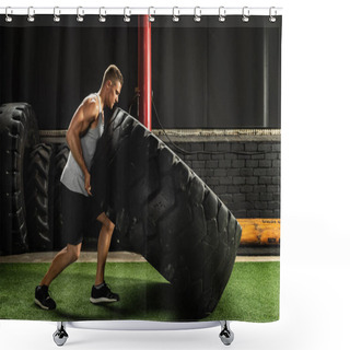 Personality  Strong Sportsman Doing  A Tire Flip Exercise Shower Curtains