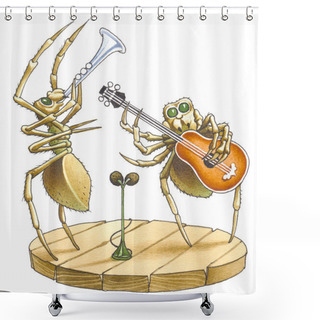 Personality  The Duet Of Spiders Blows The Trumpet Also To A Guitar. Shower Curtains