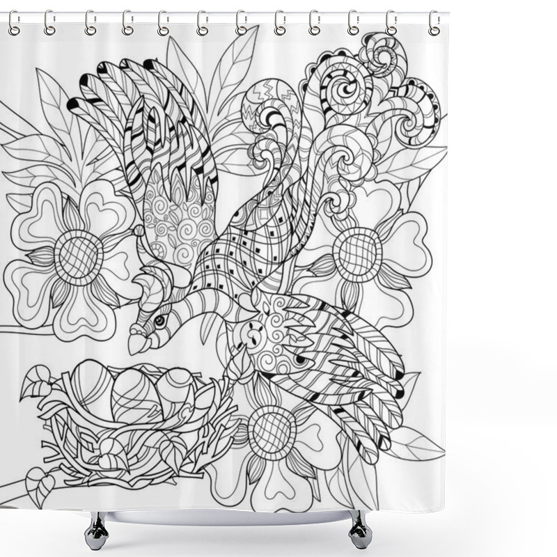 Personality  Zentangle Sketch Bird On Nest. Hand Drawn Doodle. Shower Curtains