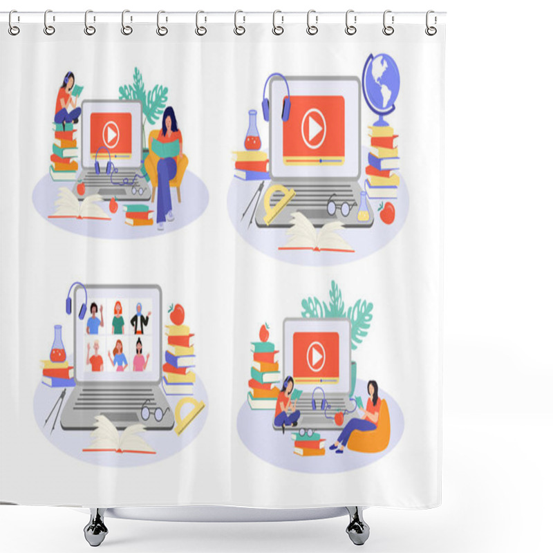 Personality  E-learning, Online Education At Home Concept. Distance Education, Online Courses, Tutorials, Webinar, Digital Classroom, Online Teaching Metaphors. Flat Vector Illustration, Isolated Objects. Shower Curtains