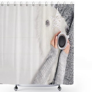 Personality  Hand Holding Cup Of Coffee. Top View With Copy Space Shower Curtains