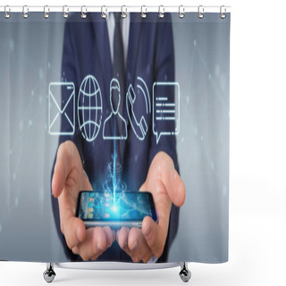 Personality  Businessman On Blurred Background Using Thin Line Contact Icon With Mobile Phone Shower Curtains