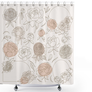 Personality  Peony Flowers And Leaves In Line Art Style Icons Set. Contemporary Floral Design. Spring Flowers Blossom. Beautiful Bouquet. Color Isolated Illustrations Shower Curtains
