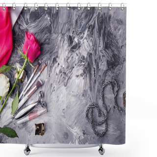 Personality  Glamorous Makeup Tools And Fresh Flowers Set Against A Monochrome Fluid Art Background. Shower Curtains
