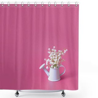 Personality  Blank Greeting Card With Lilies Of The Valley Bouquet In A Decorative Watering Can On A Magenta Background. Shower Curtains