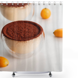 Personality  Tiramisu Desserts With Cocoa Powder And Kumquats In Two Glasses Shower Curtains