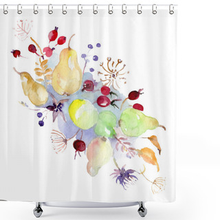 Personality  Bouquet With Flowers And Fruits. Wild Spring Leaf Wildflower Isolated. Watercolor Background Illustration Set. Watercolour Drawing Fashion Aquarelle. Isolated Bouquet Illustration Element. Shower Curtains