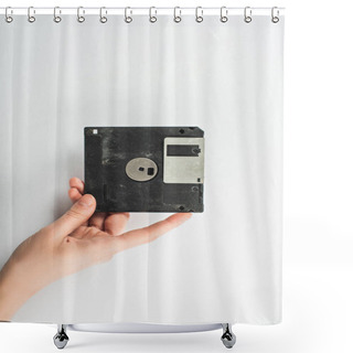 Personality  Partial View Of Man Holding Black Diskette On White Background Shower Curtains