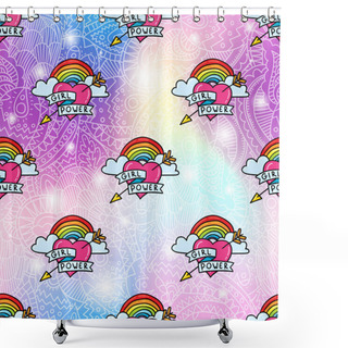 Personality  Colorful Vector Illustration Of Girl Power Hearts Stickers Pattern Over Gradient Background Shower Curtains
