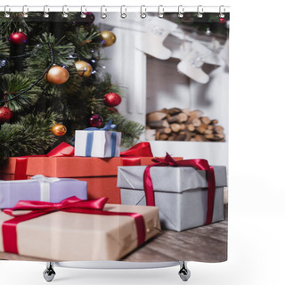 Personality  Selective Focus Of Gift Boxes Near Pine And Fireplace With Christmas Stockings Shower Curtains